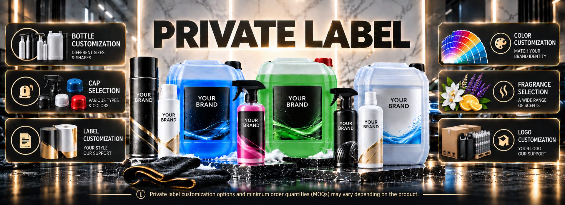 Productos para el cuidado automotriz de marca privada con opciones de envase, tapa, etiqueta, color, fragancia y logotipo